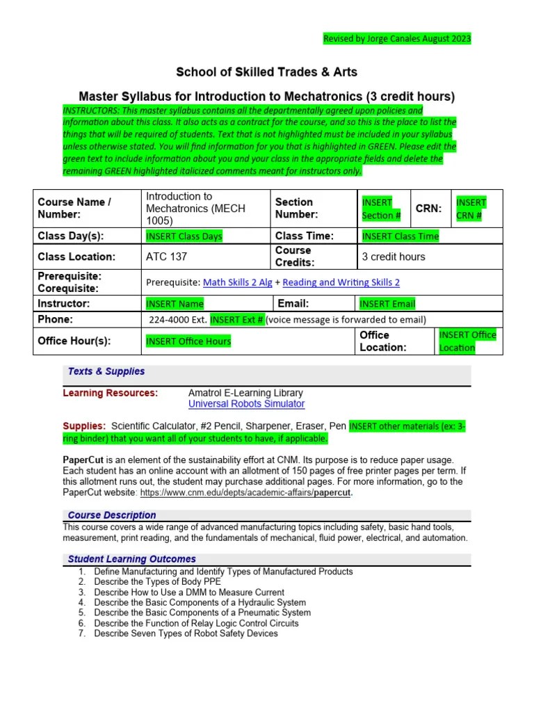 MECH 1005 Master Syllabus | PDF