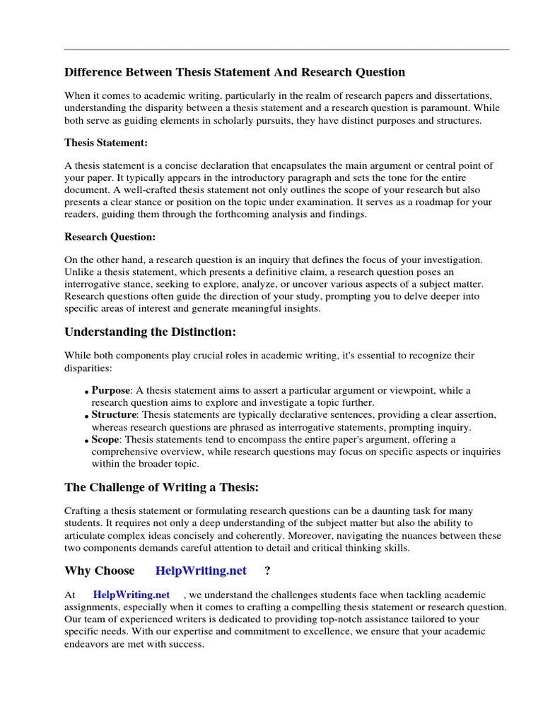 Difference Between Thesis Statement And Research Question | PDF