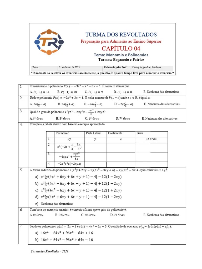 2023 - TR - Capitulo 04 - Monomios E Polinomios | PDF
