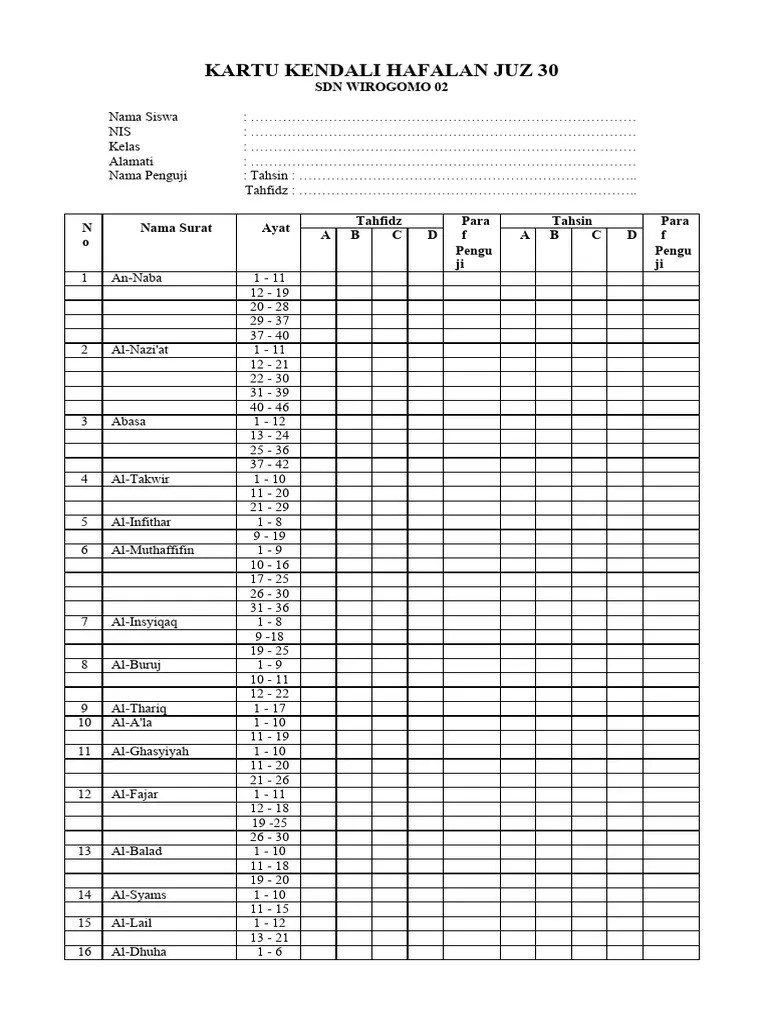 Kartu Hafalan Juz 30 Juz Amma | PDF