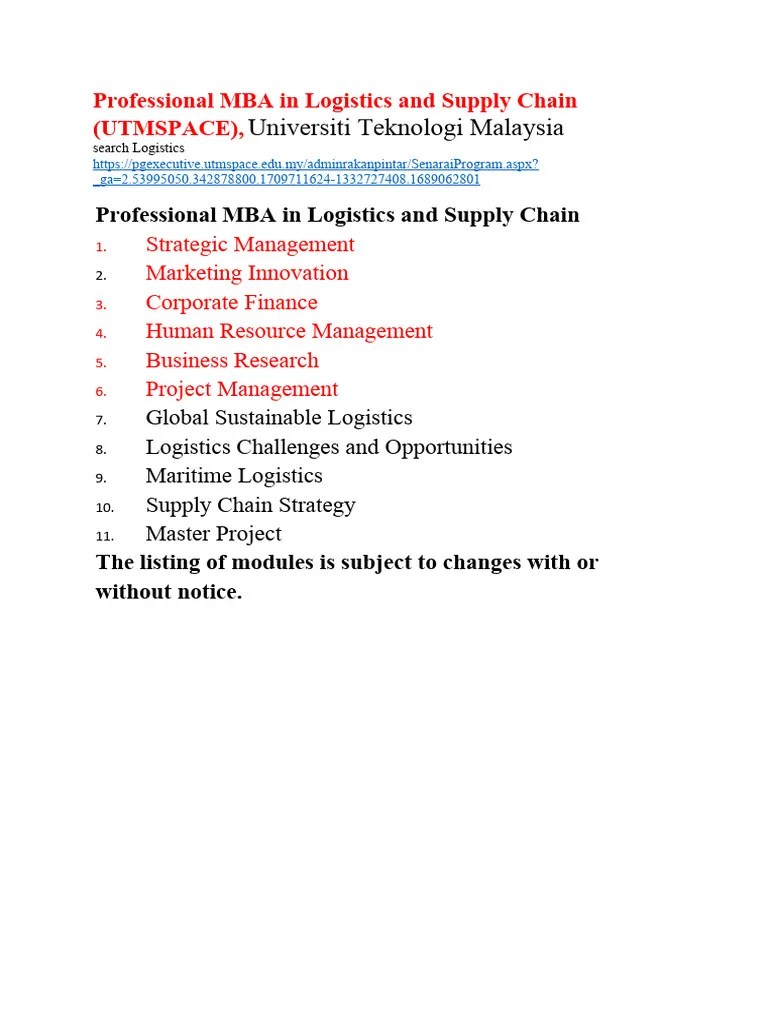 Professional MBA In Logistics And Supply Chain | PDF