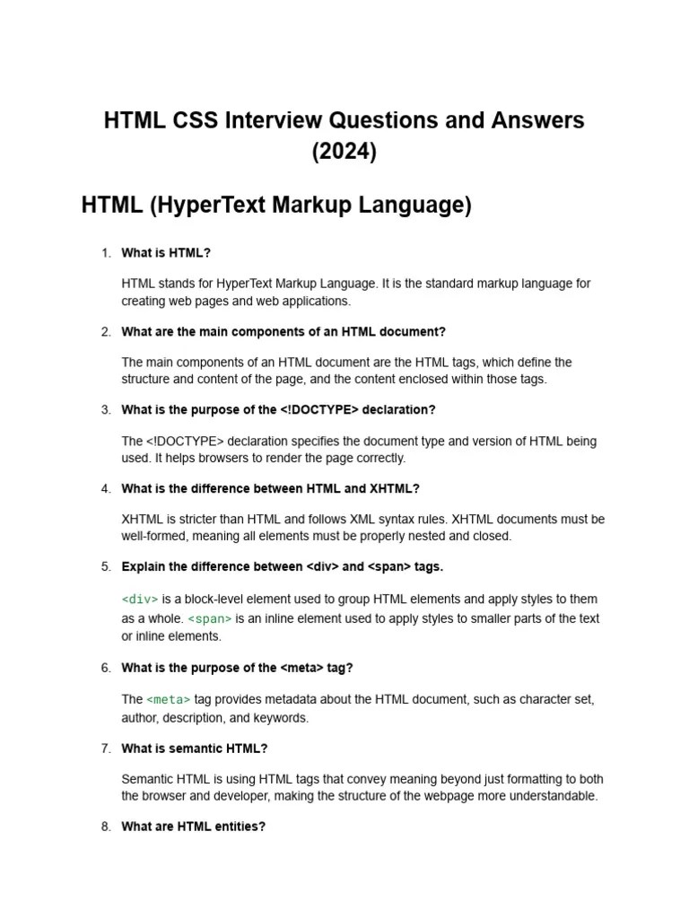 HTML CSS Interview Questions And Answers (2024) | PDF