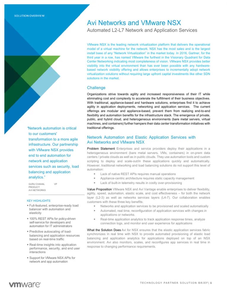 Vmware Avi Networks And NSX Solution Brief | PDF | Cloud Computing | Automation