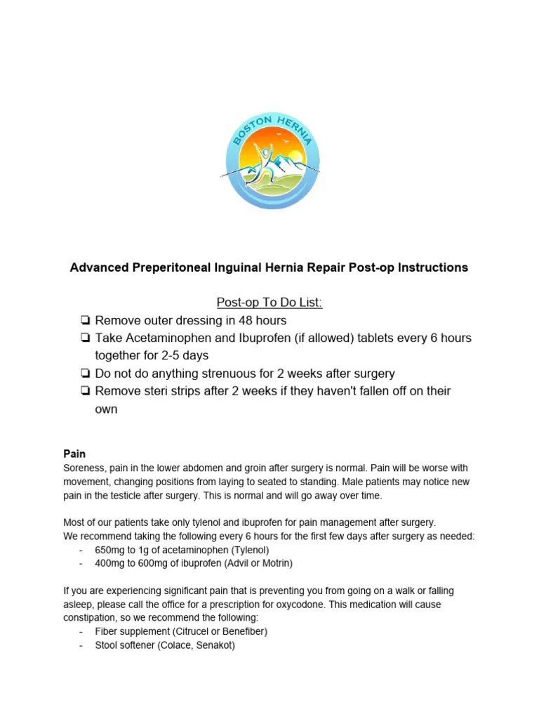 Preperitoneal Inguinal Hernia Repair Post Op Instructions 1 | PDF ...