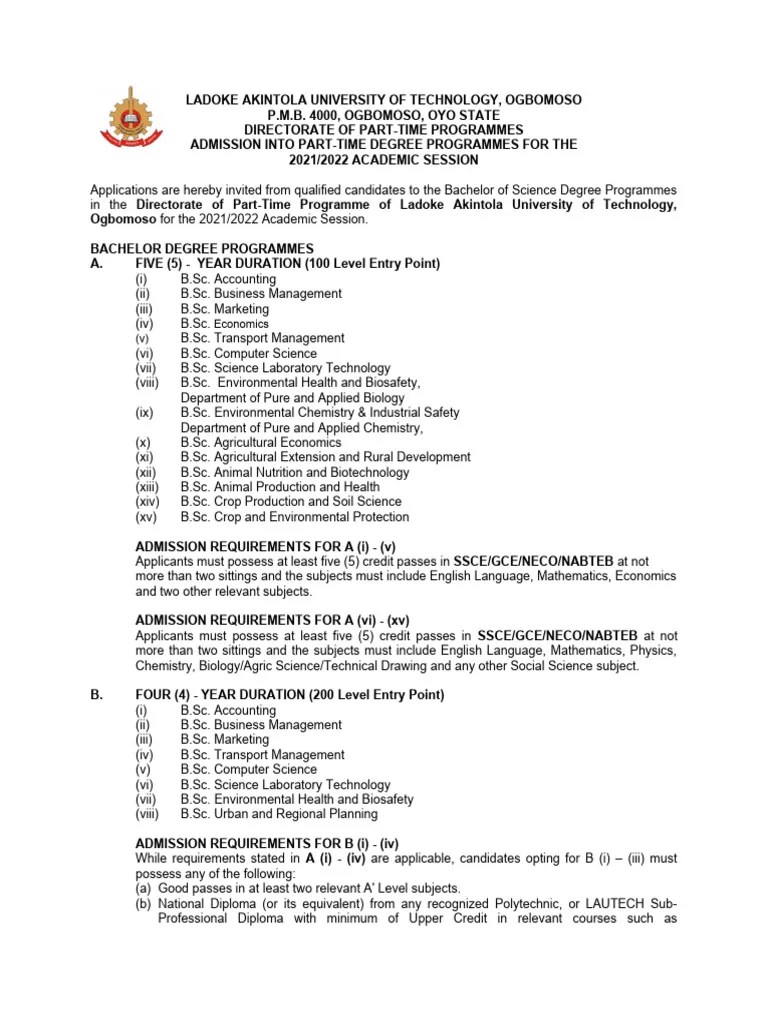 Admission Into Part-Time Degree Programmes | Download Free PDF | Diploma | University And ...
