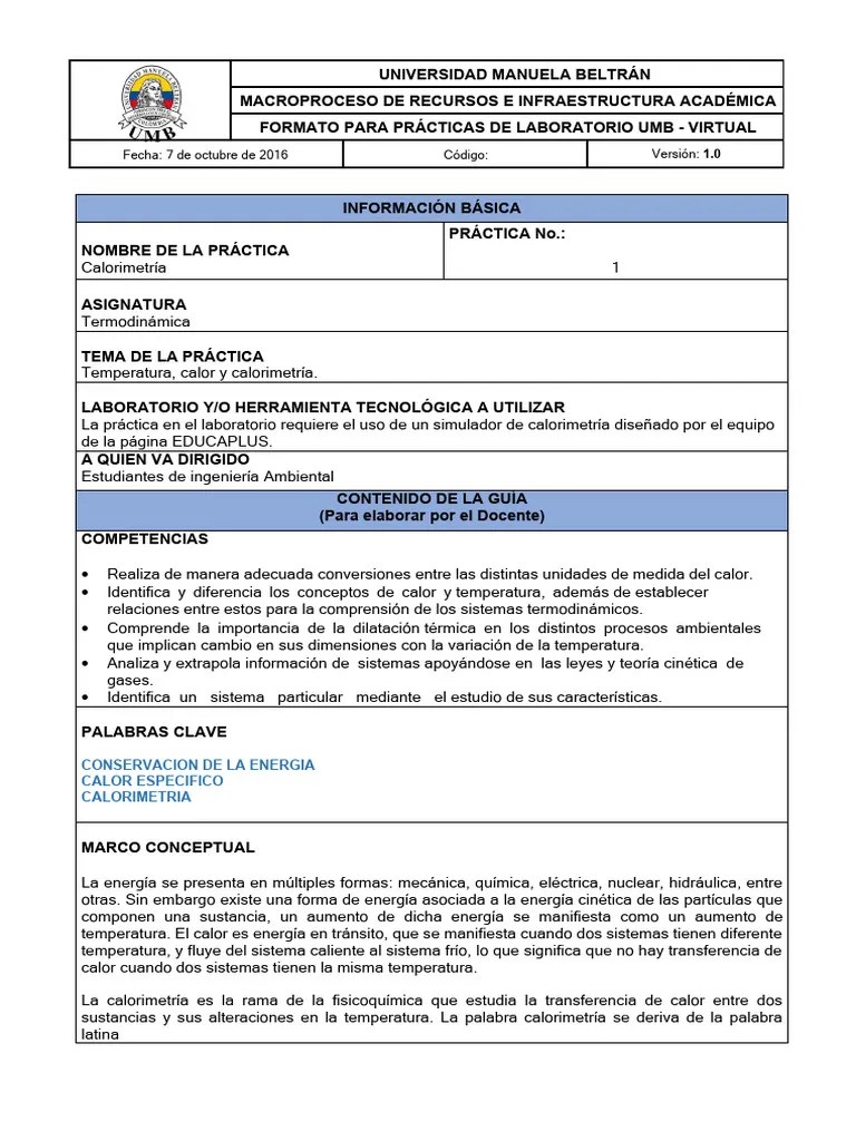 Laboratorio No 1 Calorimetría | PDF | Calor | Temperatura