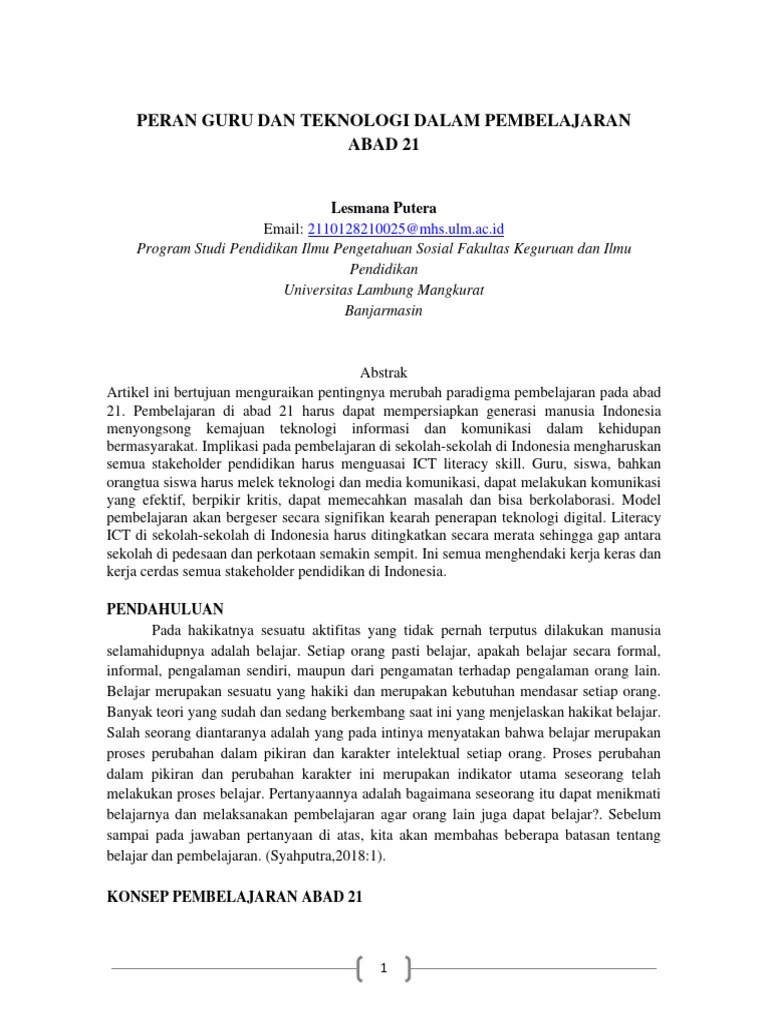 Peran Guru Dan Teknologi Dalam Pembelajaran Abad 21 | PDF