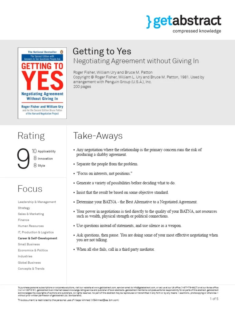Getting To Yes By Roger Fisher | PDF | Negotiation | Bargaining