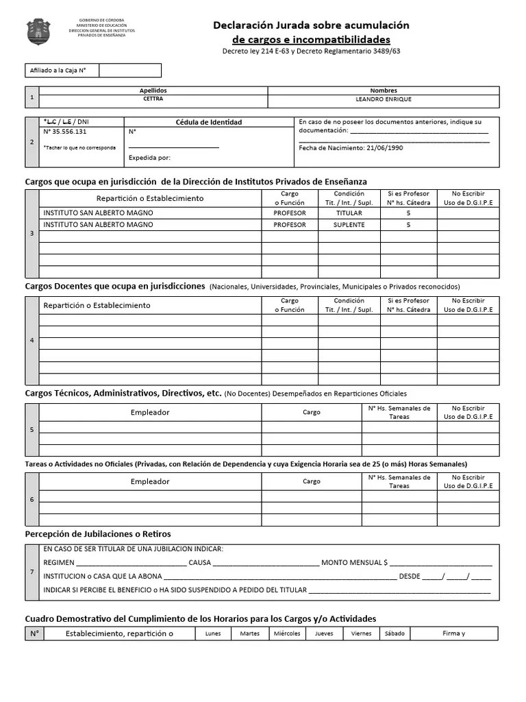 Declaracion Jurada Incompatibilidad | PDF
