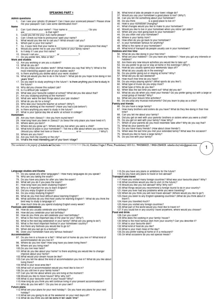 150 Typical Ielts Speaking Part One Questions PDF | PDF | Leisure | Meal