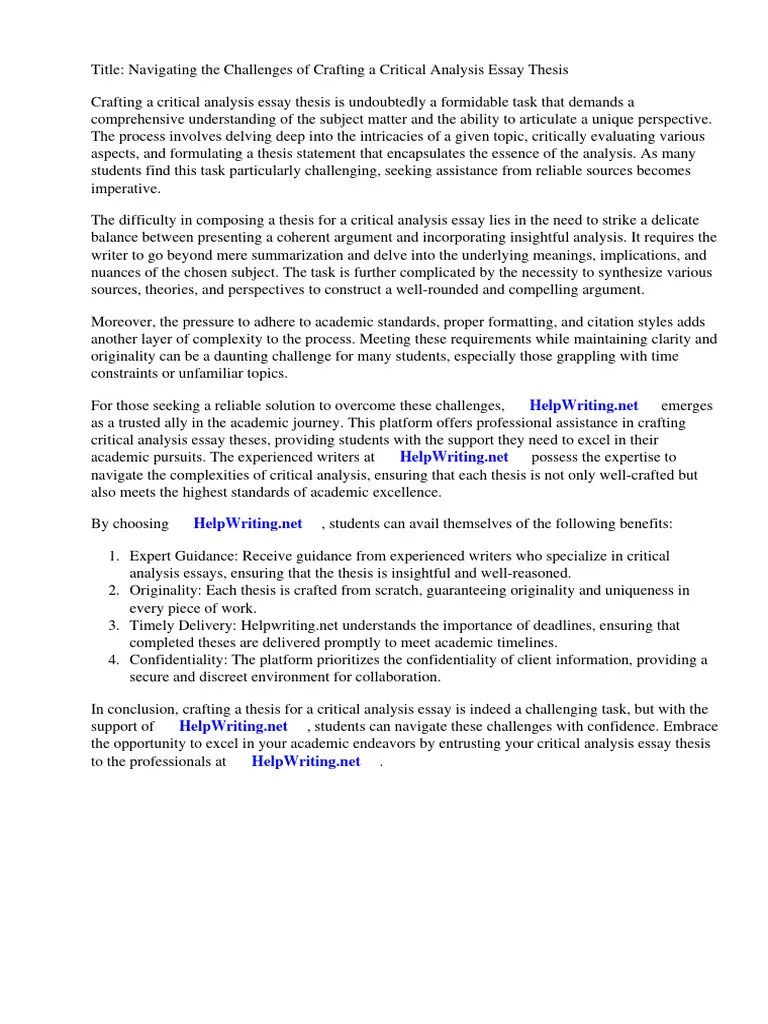 Critical Analysis Essay Thesis Example | PDF | Essays | Critical Thinking