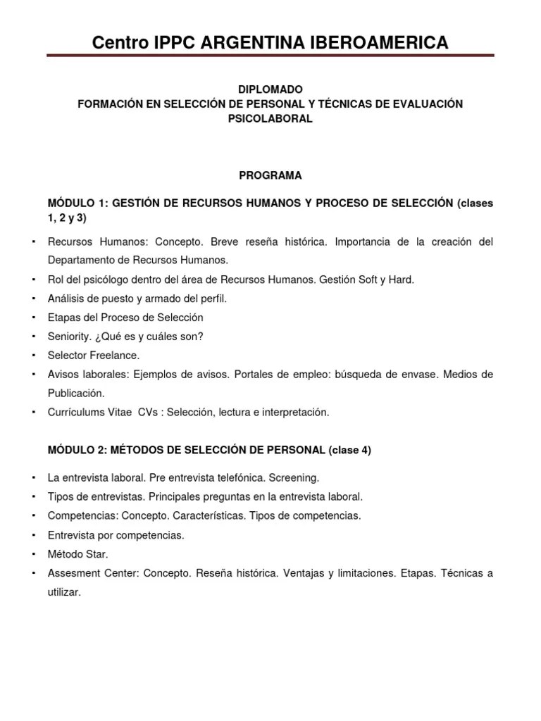 PROGRAMA Selección De Personal Y Evaluación Psicolaboral | PDF | Gestión De Recursos Humanos ...