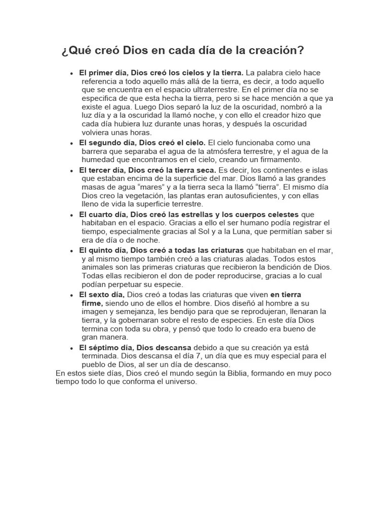 Qué Creó Dios En Cada Día De La Creación | Descargar Gratis PDF | Tierra | Mitos De La Creación