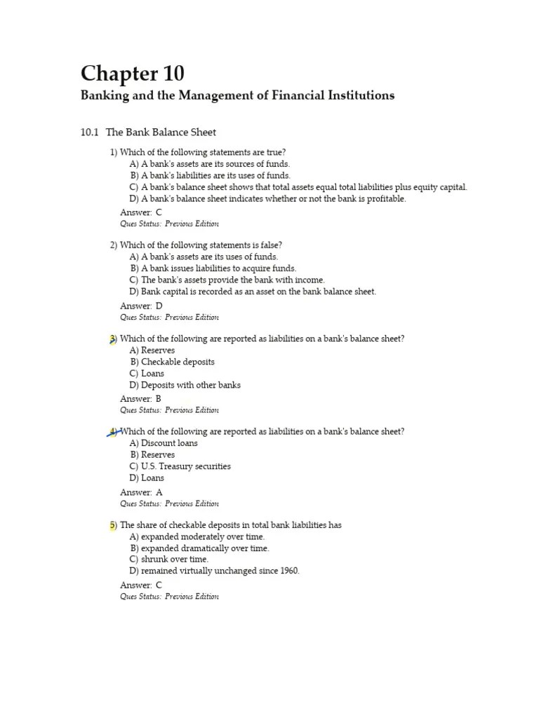 MCQs Chapter 10 Banking And The Management Of Financial Institutions ...