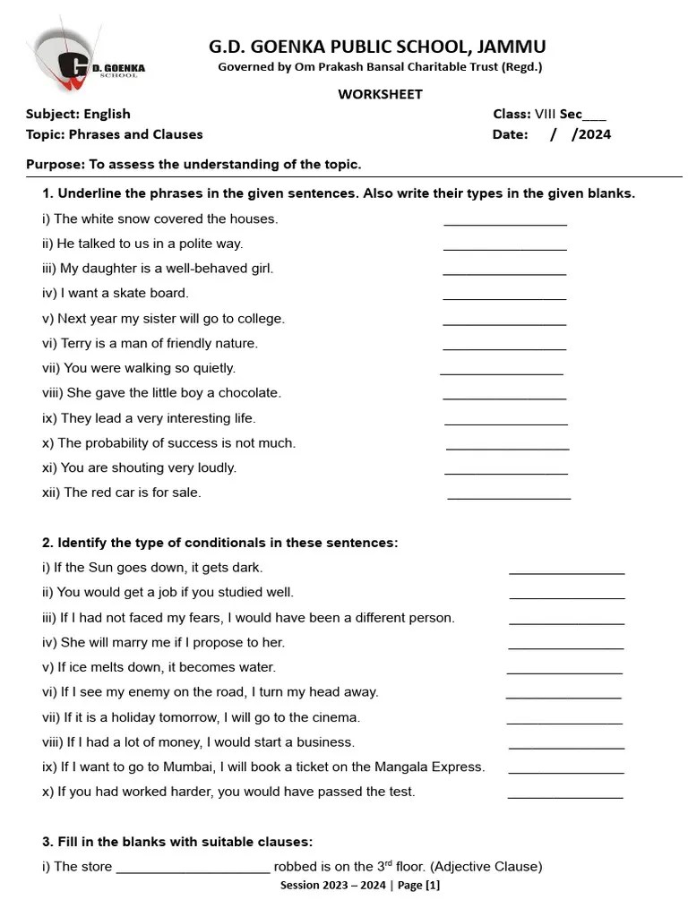 Phrases and clauses worksheet class 8