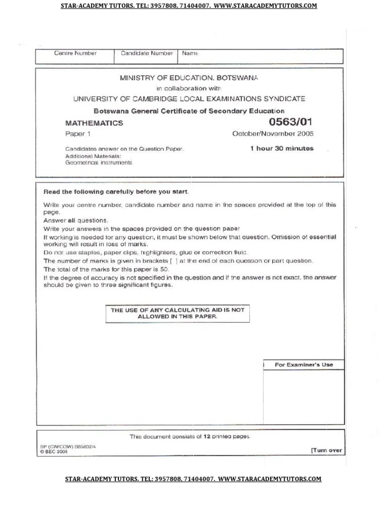 BGCSE Mathematics Paper 1, 2005 | PDF