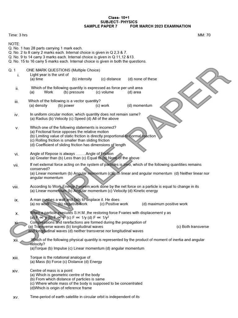 Sample Paper +1 Physics 19.01.23 | PDF | Angular Momentum | Gases