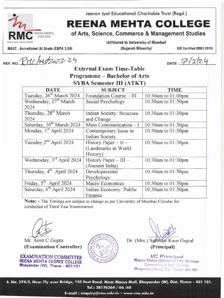 Sem III ATKT Time Table | PDF