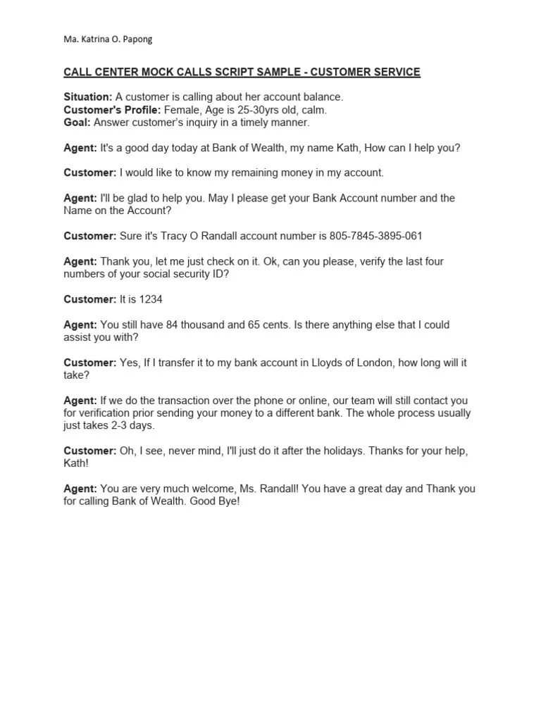 CALL CENTER MOCK CALLS SCRIPT Inbound Call SAMPLE | Download Free PDF ...