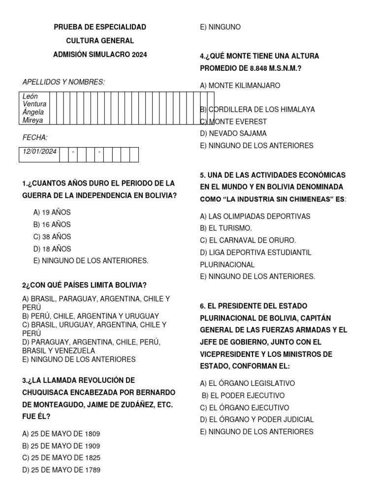PREGUNTAS EXAMEN 2024 Actualizado | PDF | Bolivia | Comunidad Andina