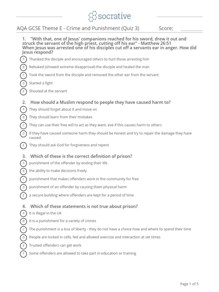 Aqa Gcse Theme E Crime And Punishment Quiz 3 | PDF | Punishments | Forgiveness