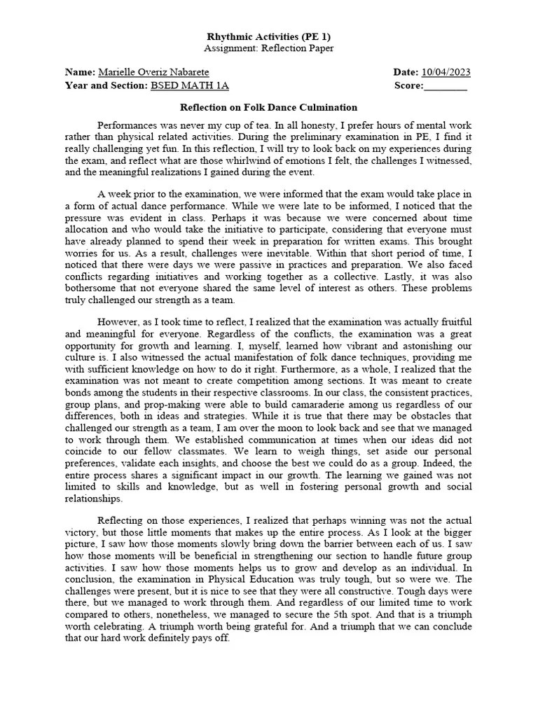 Reflection On Folk Dance Culmination | PDF | Knowledge | Learning