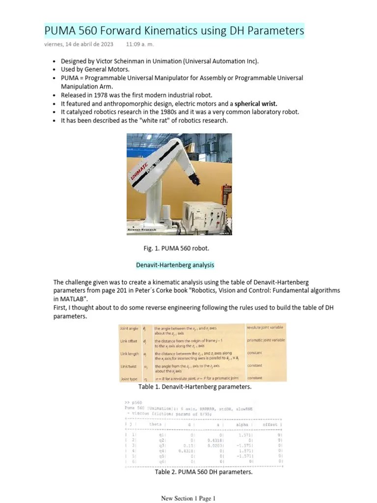PUMA 560 Forward Kinematics Using DH Parameters | PDF | Kinematics ...