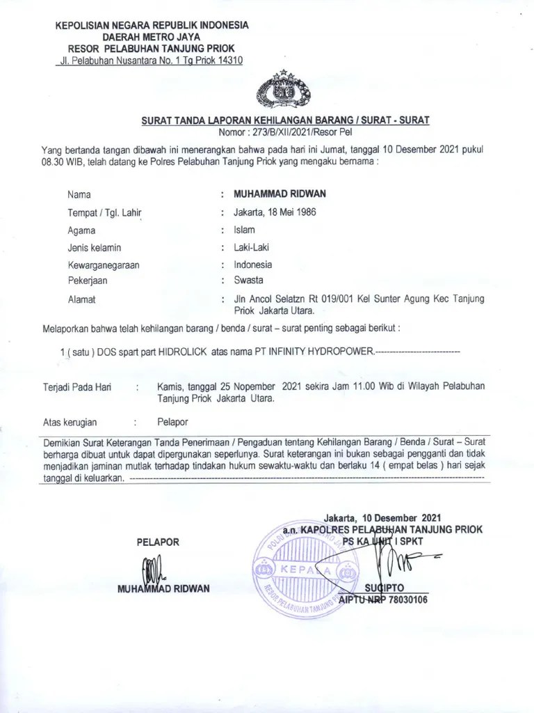 Surat Tanda Laporan Kehilangan Dari Kepolisian | PDF