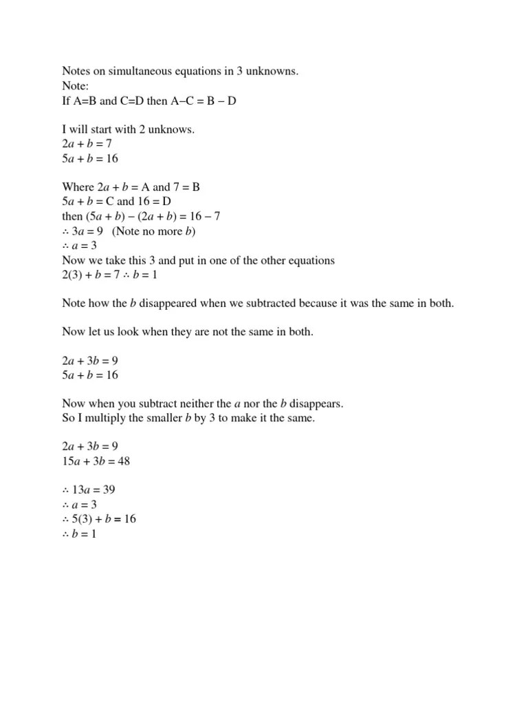 Notes On Simultaneous Equations In 3 Unknowns | PDF