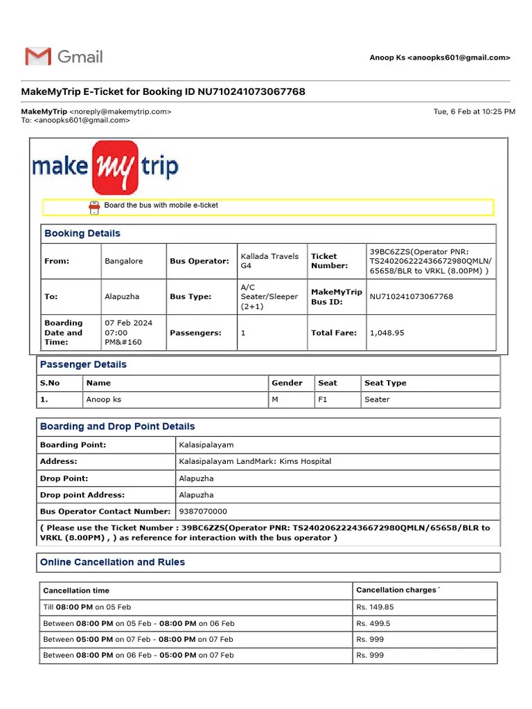 MakeMyTrip E-Ticket For Booking ID NU710241073067768 | PDF | Bus