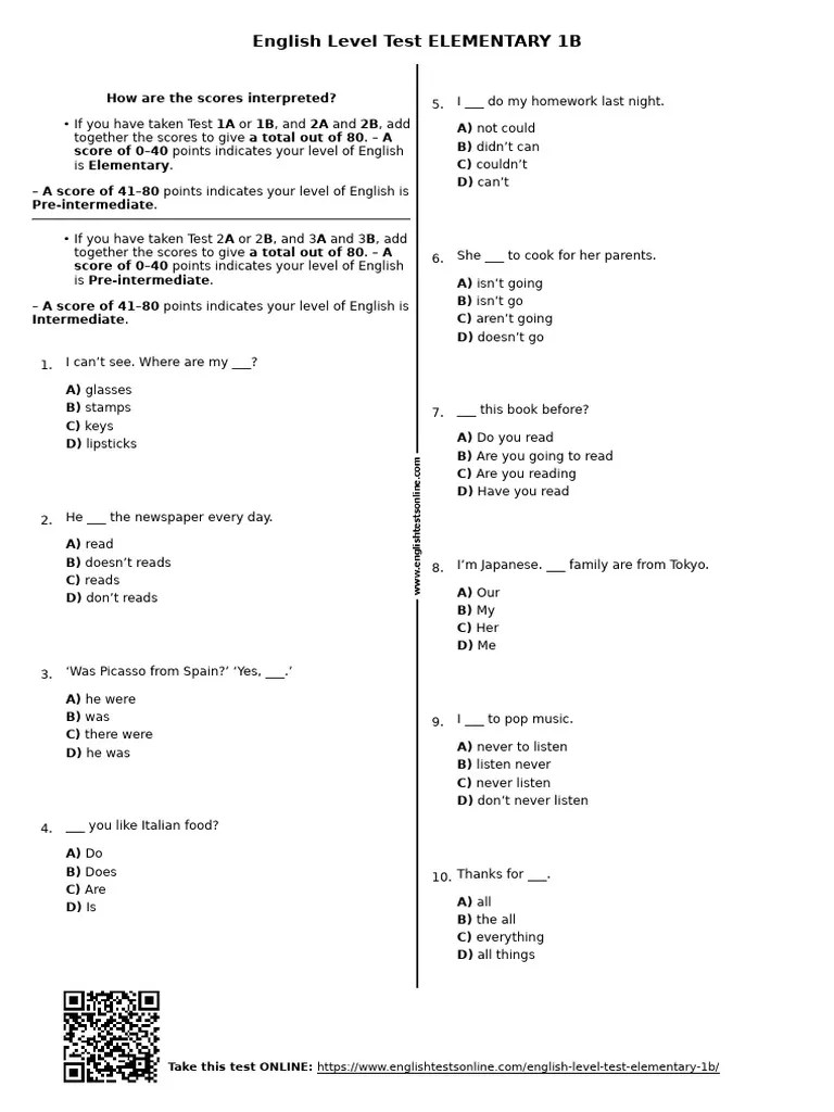 2 - English Level Test Elementary 1b | PDF