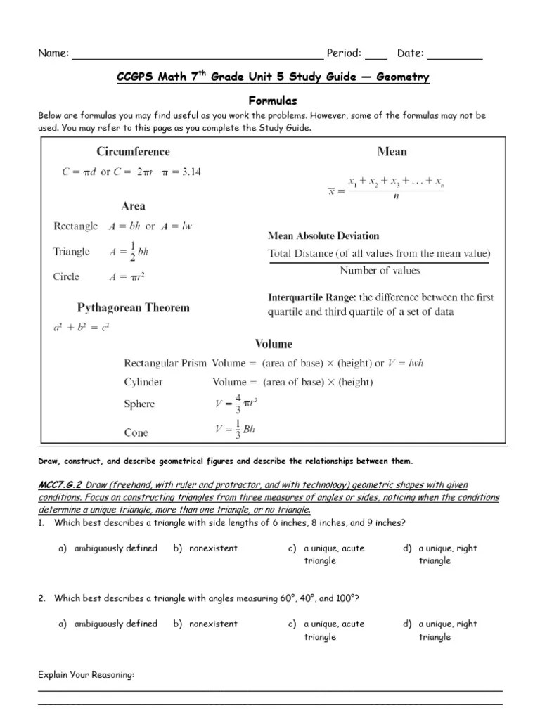 Unit 2 Geometry Study Guide | PDF | Rectangle | Area