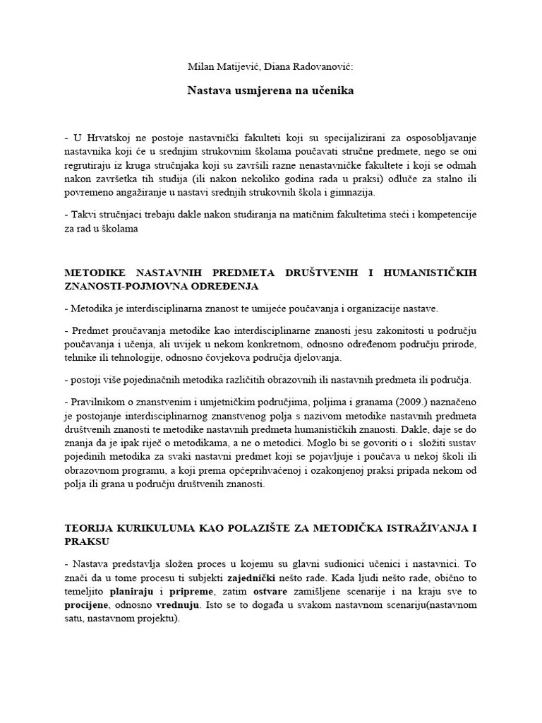 Milan Matijević, Diana Radovanović - Nastava Usmjerena Na Učenika | PDF