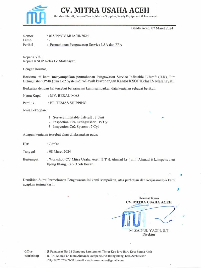 Surat Permohonan Pengawasan Kapal BERAU MAS TH 2024 | PDF