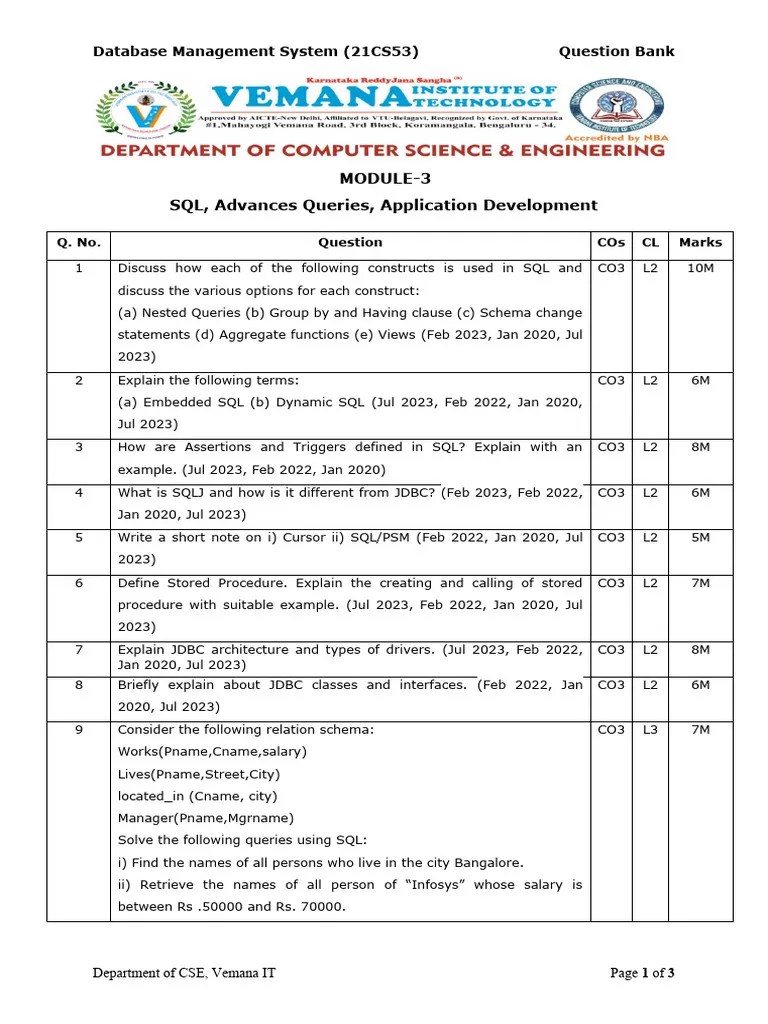 21CS53 DBMS Module3 QuestionBank 2023-24 | PDF | Computing ...