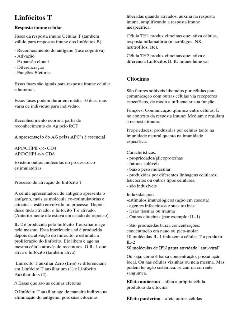 Linfócitos T | PDF | Sistema Imunológico | Citocina