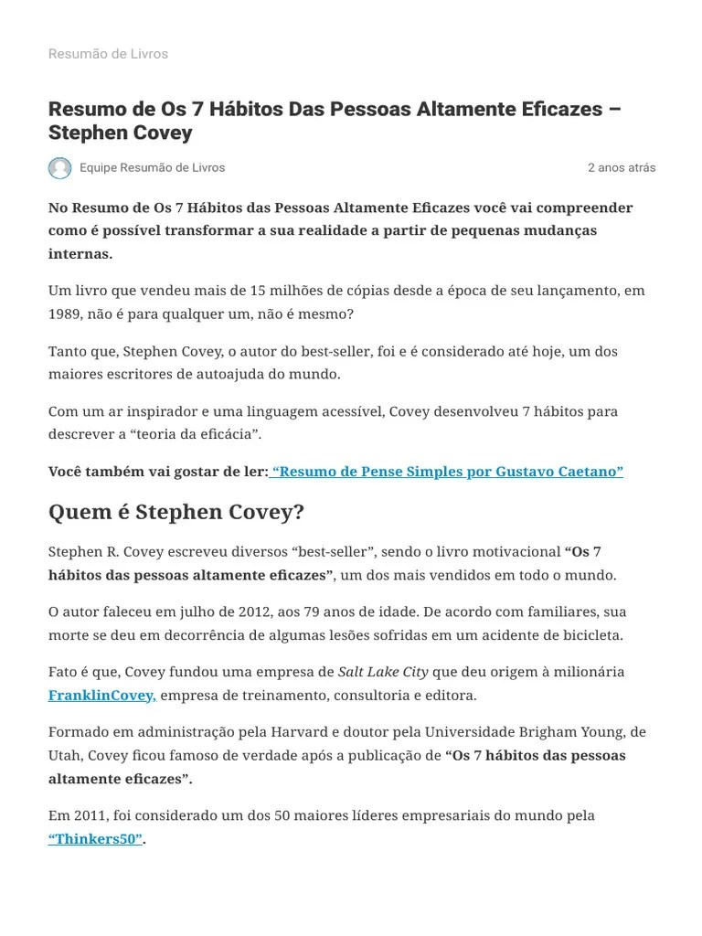 Resumo De Os 7 Hábitos Das Pessoas Altamente Eficazes Stephen Covey | PDF | Autoajuda