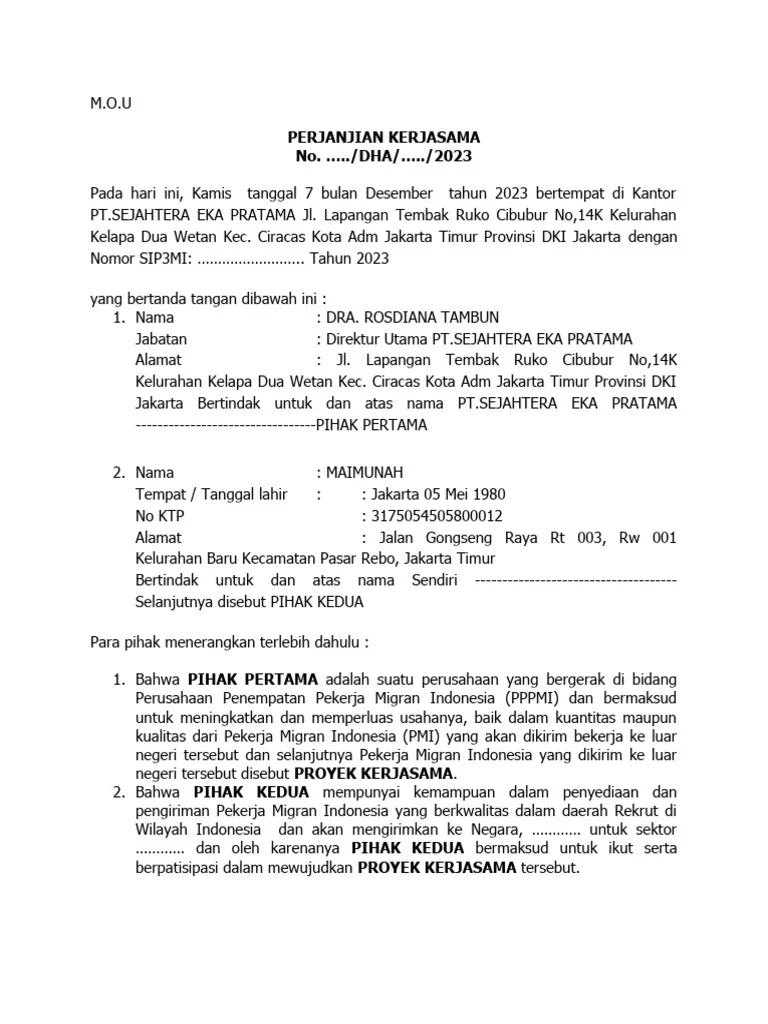 Mou Perjanjian Kerjasama Proses Penempatan P3mi | PDF