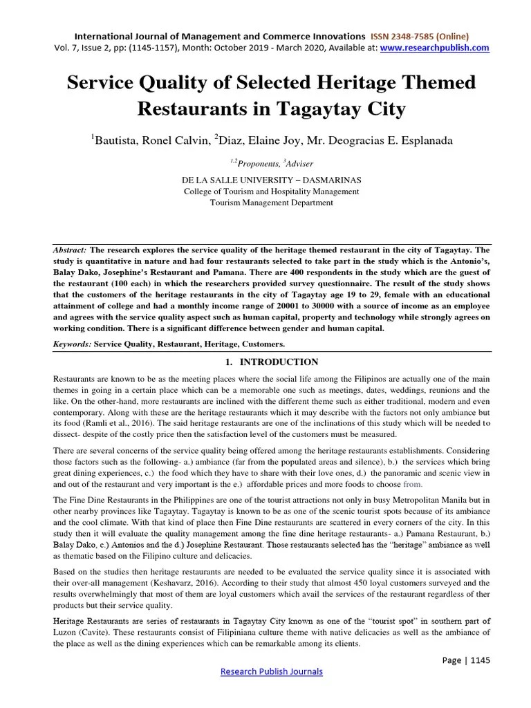 Service Quality Of Selected 8439 Pdf Survey Methodology Restaurants