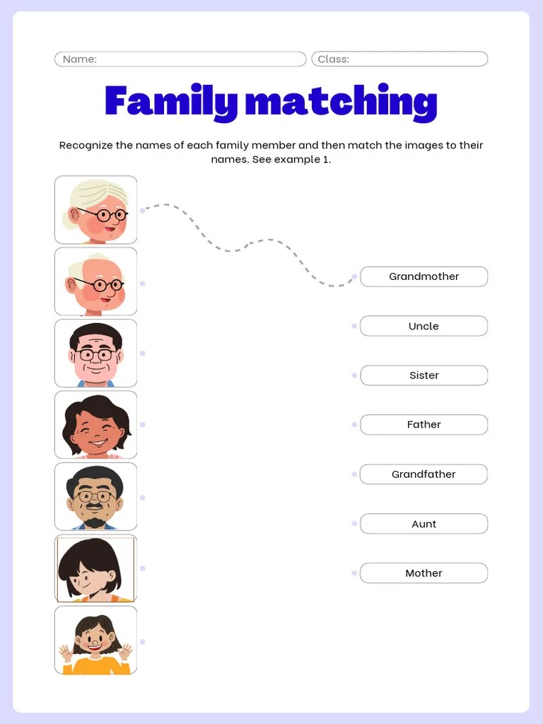 Family Members Matching Worksheet In Blue Illustrative Style | PDF