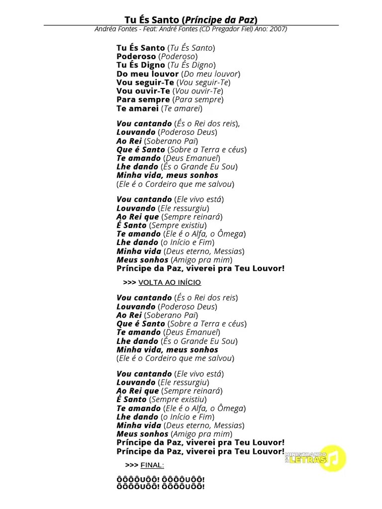 Letra Tu És Santo (Príncipe Da Paz) - Andréa Fontes | PDF