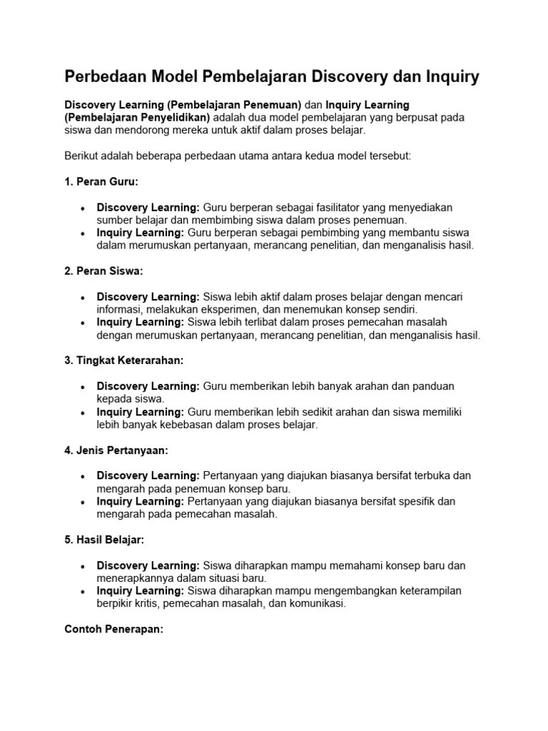 Perbedaan Model Pembelajaran Discovery Dan Inquiry | PDF