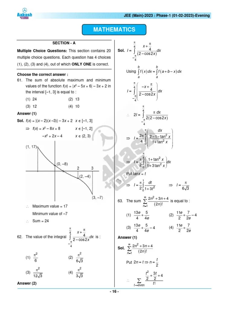 Answer And Solutions JEE Main 2023 QP Feb 1 Evening Shift Maths | PDF ...