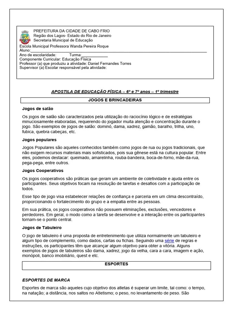 APOSTILA DE EDUCAÇÃO FÍSICA - 6º E 7º Anos - 1º Trimestre | PDF | Atletismo (esporte ...