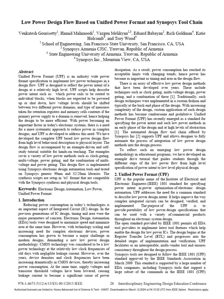 Paper Low Power Design Flow Based On Unified Power Format And Synopsys ...