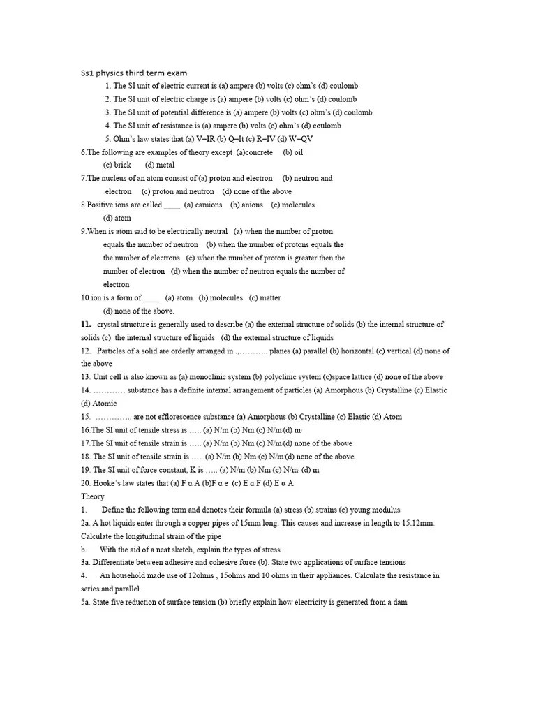 Ss1 Physics Third Exam | PDF | Ion | Electric Current