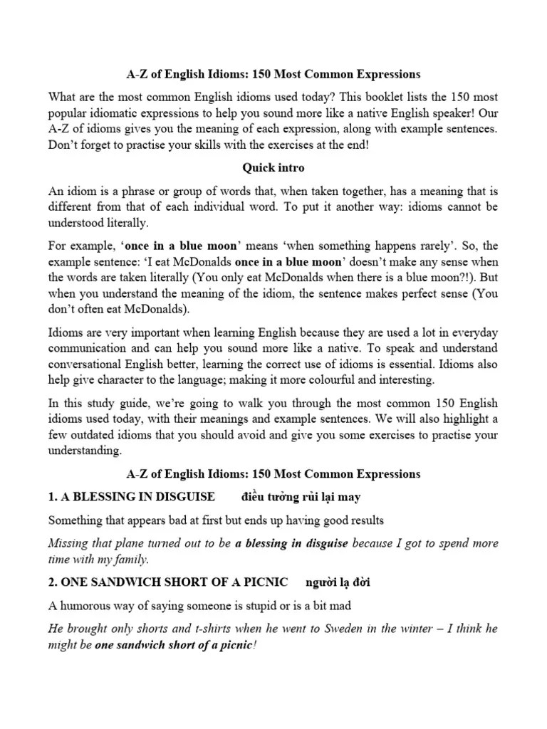 150 Common Idioms In English | Download Free PDF | Idiom