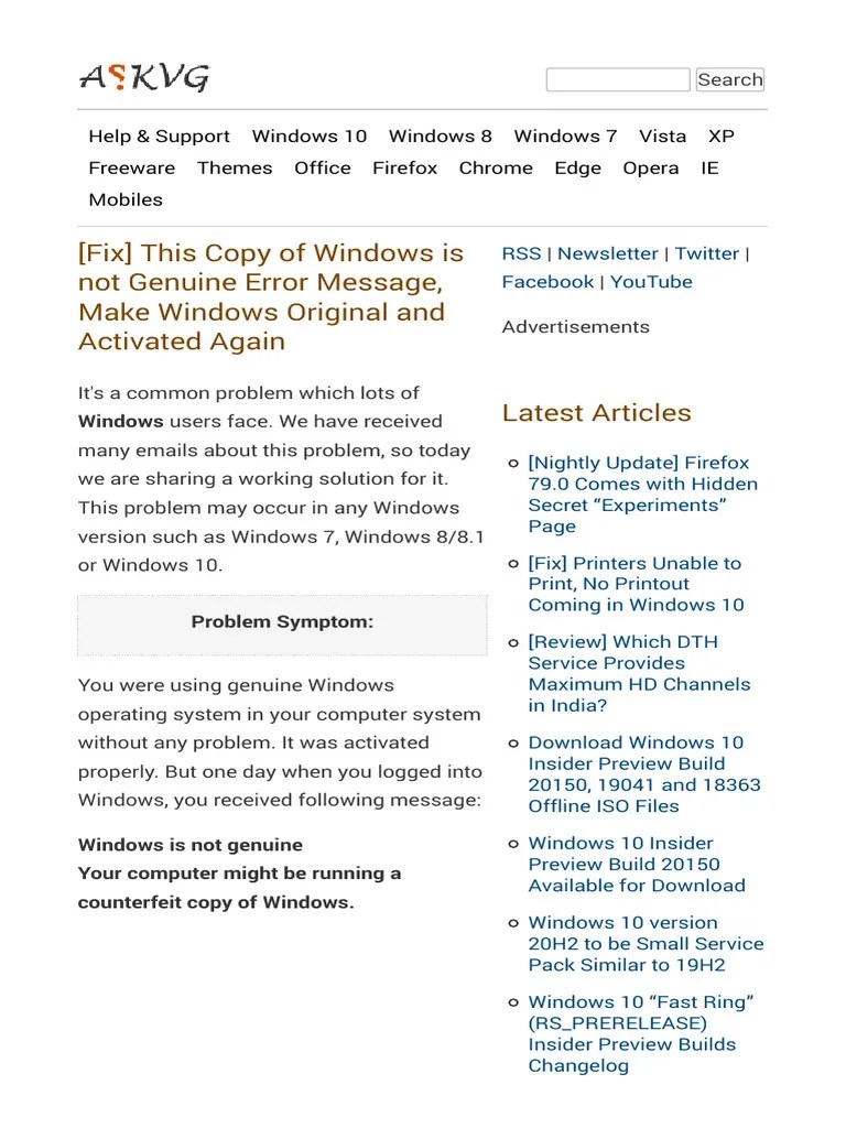 Fix This Copy Of Windows Is Not Genuine Error Message - AskVG-1 | PDF | Windows 10 | Microsoft ...