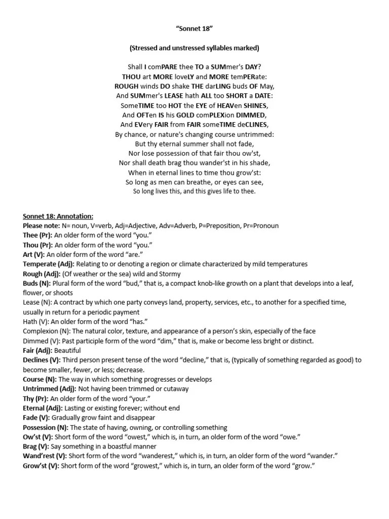 Sonnet 18 - Notes | Download Free PDF | Poetry | William Shakespeare