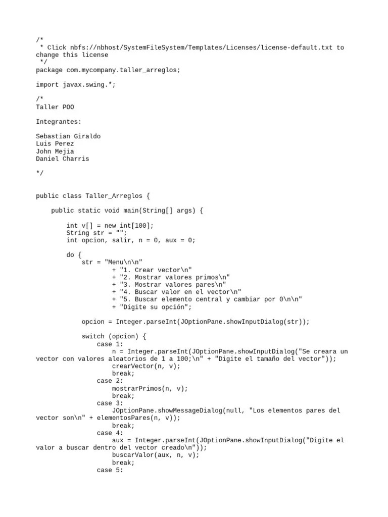 Taller Arreglos - Java (CODIGO) | PDF | Datos | Paradigmas De Programación